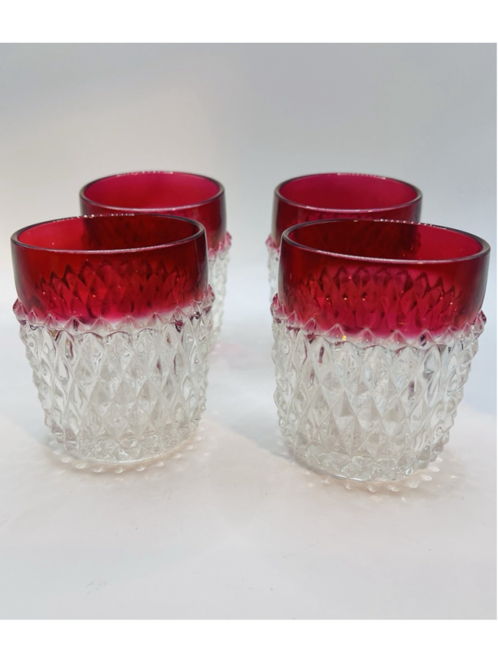Set of (4) Vintage Indiana Glass Ruby Red Diamond Point Old Fashioned Tumblers